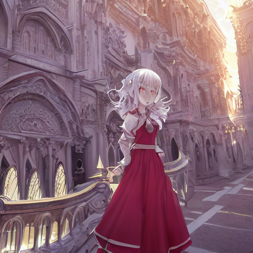 元画像<br/>extremely detailed CG unity 8k wallpaper of a loli girl with silver long wavy hairstyle and white marble glowing skin and perfect symmetrical pretty face with blush cheeks and glaring red eyes, wearing fantasic dress with many frills, standing in the baroque architecture, art by krenz cushart and violet_evergarden, golden hour lighting, strong rim light, intense shadows, bokeh<br/><br/>seed=246225998